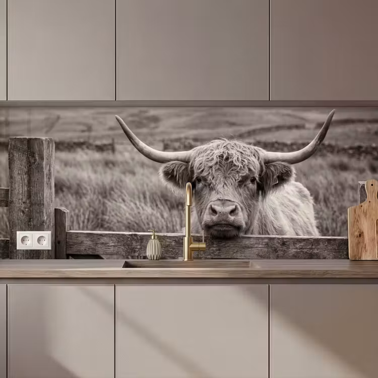 Kitchen splashback - Scottish Highlander - Black - White - Wood — 1