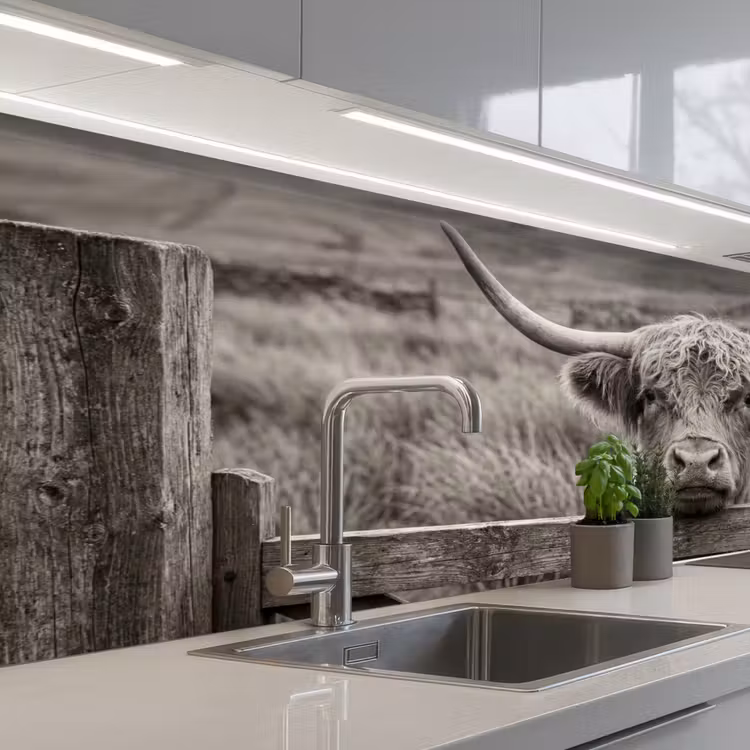 Kitchen splashback - Scottish Highlander - Black - White - Wood — 2