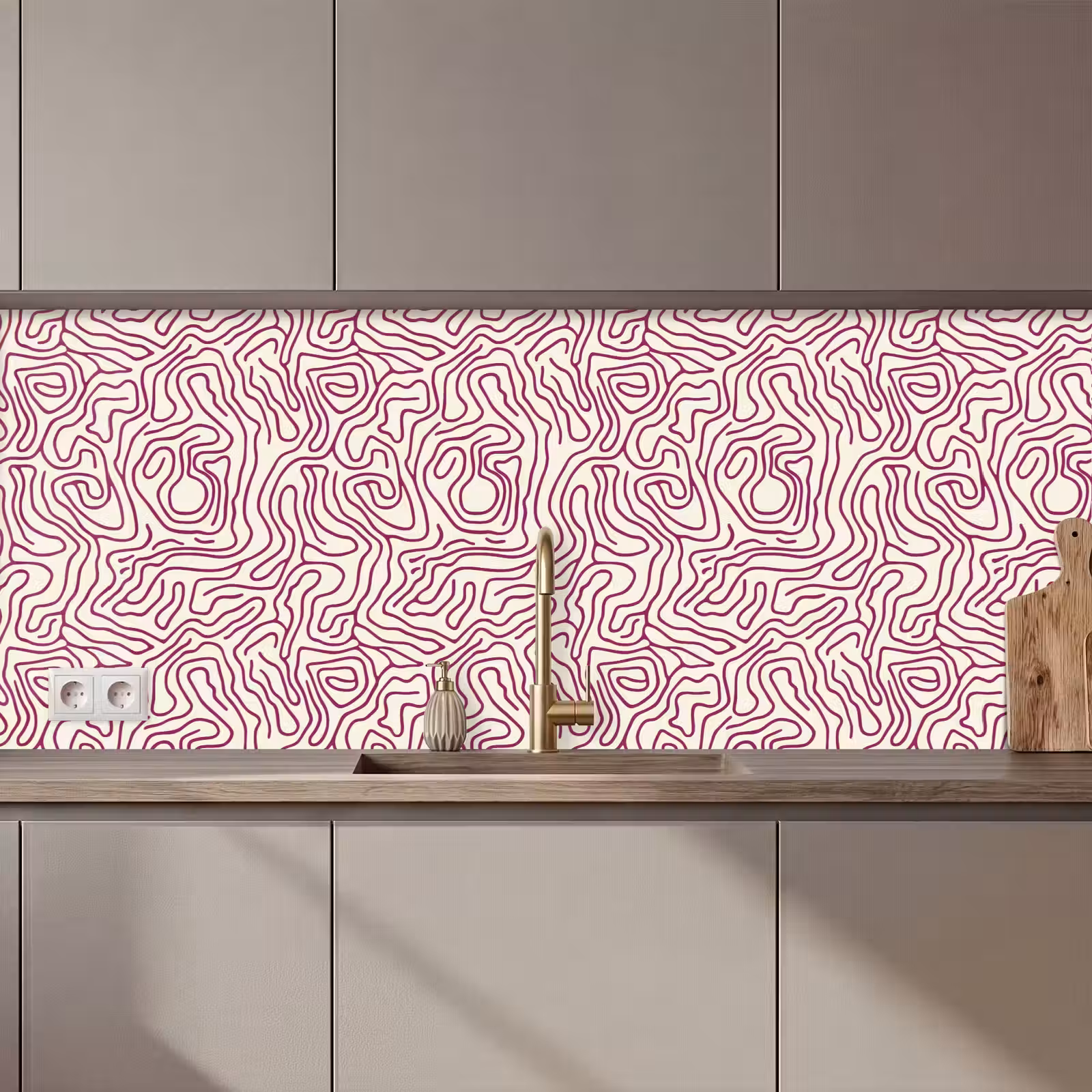 Kitchen splashback - Winding line - Magenta - Cream — 1