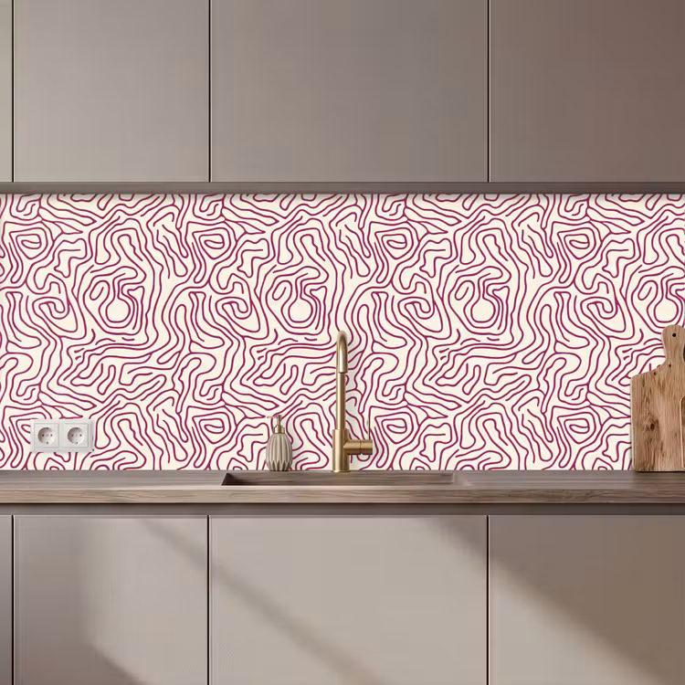 Kitchen splashback - Winding line - Magenta - Cream — 1