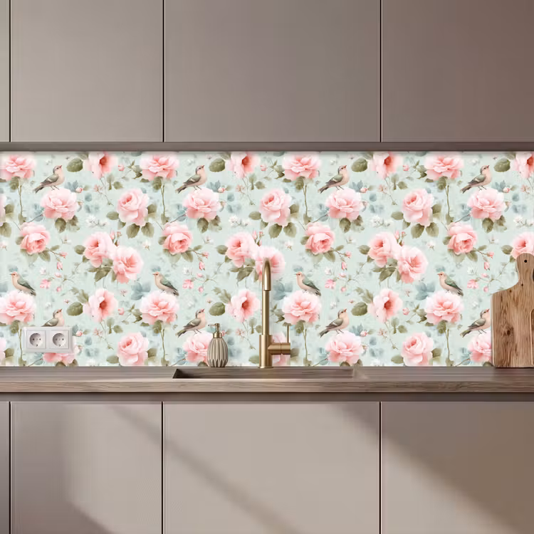 Kitchen splashback - Roses - Birds - Pastel - Colorful — 1