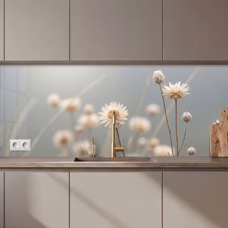 Kitchen splashback - Straw Flowers - White - Daylight — 1