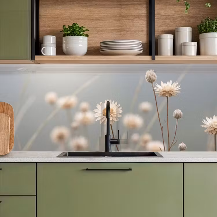 Kitchen splashback - Straw Flowers - White - Daylight — 8