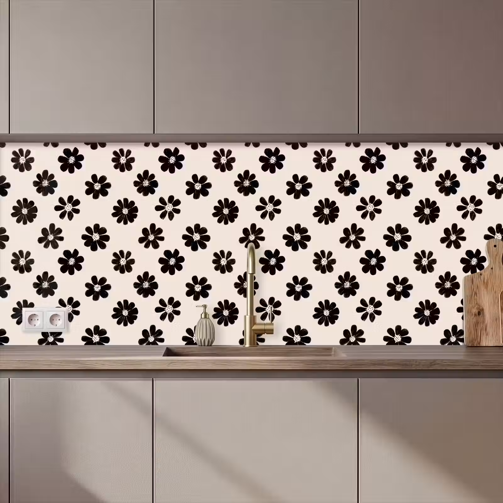 Kitchen splashback - Graphic - Daisies - Black - Beige — 1