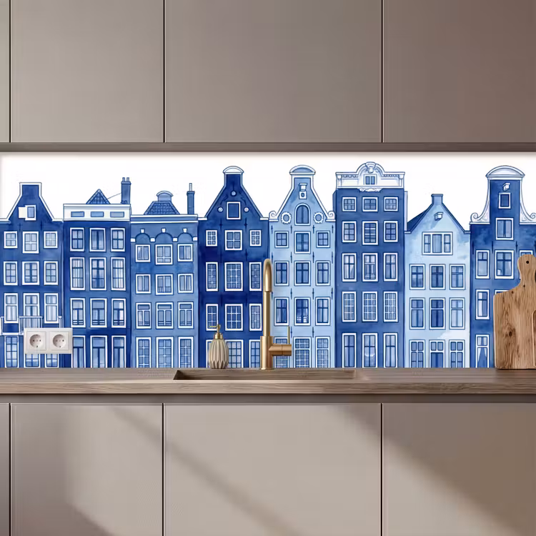 Kitchen splashback - Watercolor - Canal houses - Delft - Blue — 1