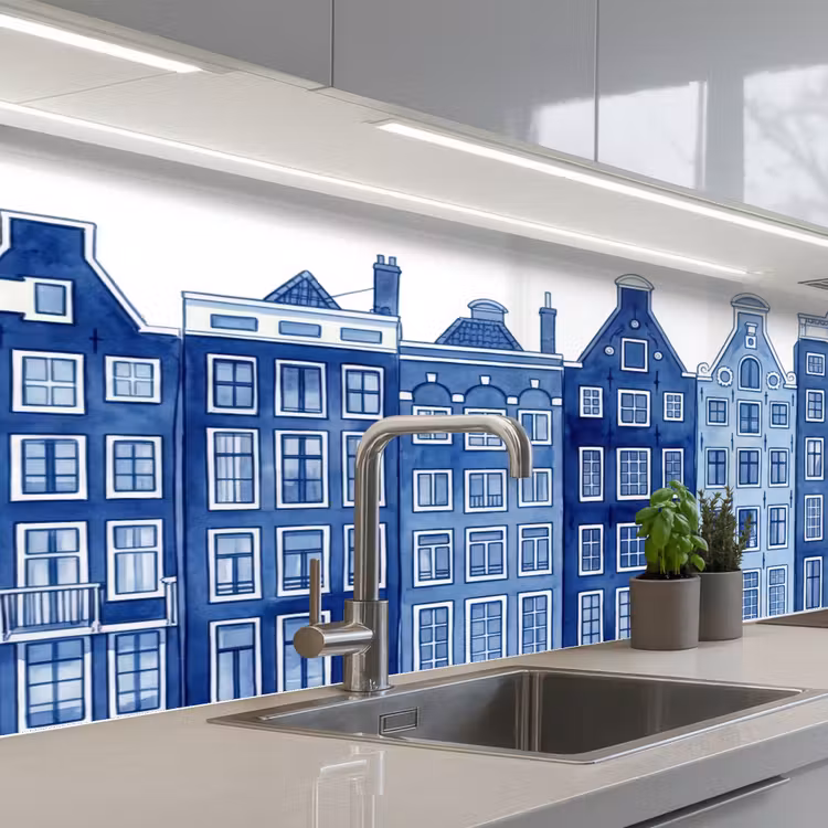 Kitchen splashback - Watercolor - Canal houses - Delft - Blue — 2