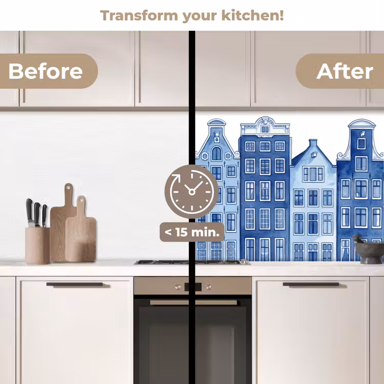 Kitchen splashback - Watercolor - Canal houses - Delft - Blue — 3