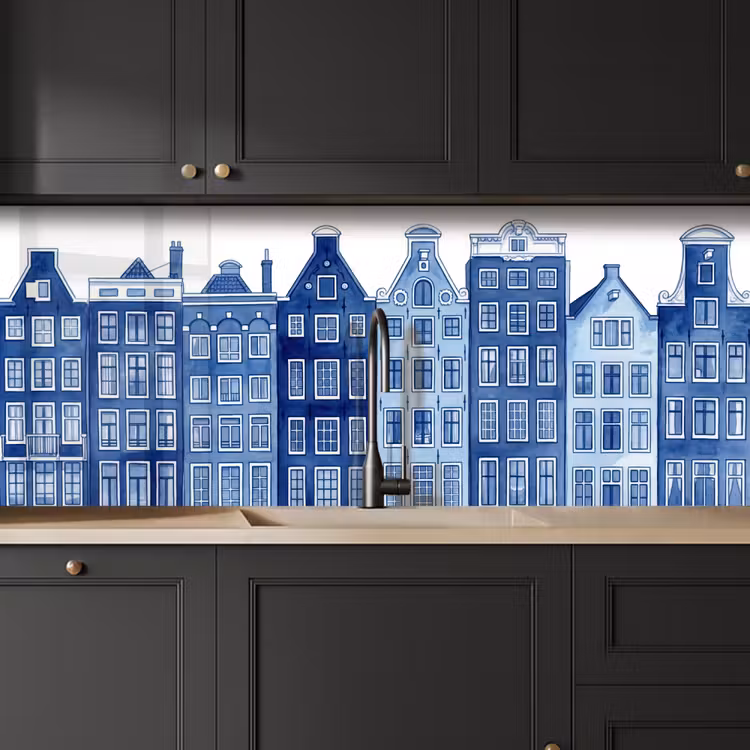 Kitchen splashback - Watercolor - Canal houses - Delft - Blue — 6