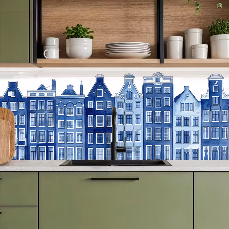 Kitchen splashback - Watercolor - Canal houses - Delft - Blue — 8
