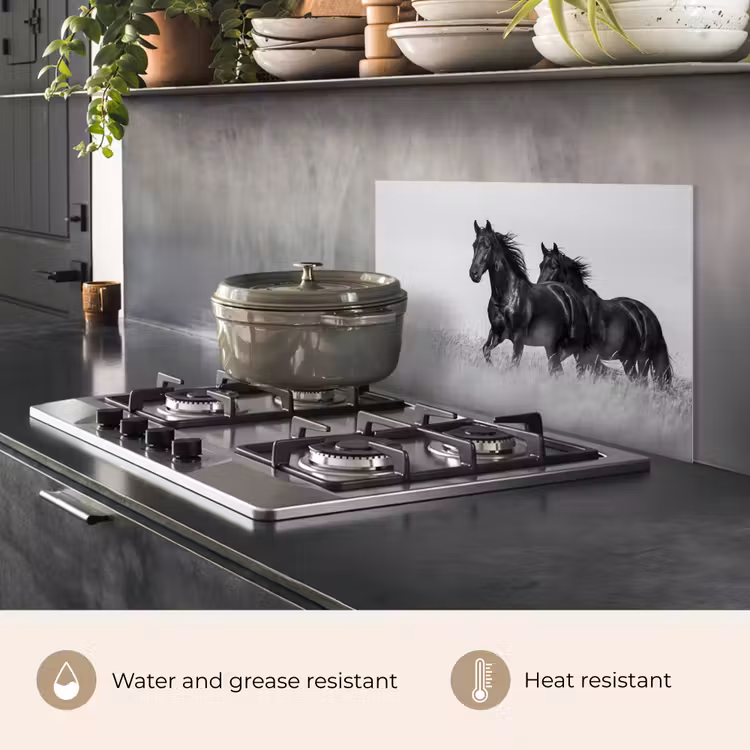 Kitchen splashback for hob - Horses - Grass - Black - White — 2