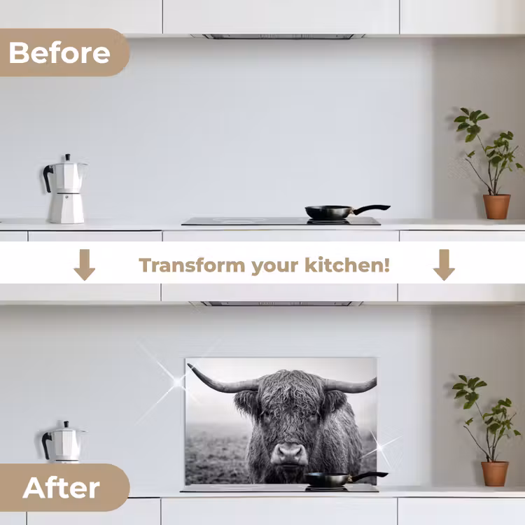 Kitchen splashback for hob - Scottish highlander - Black - White - Grass — 7