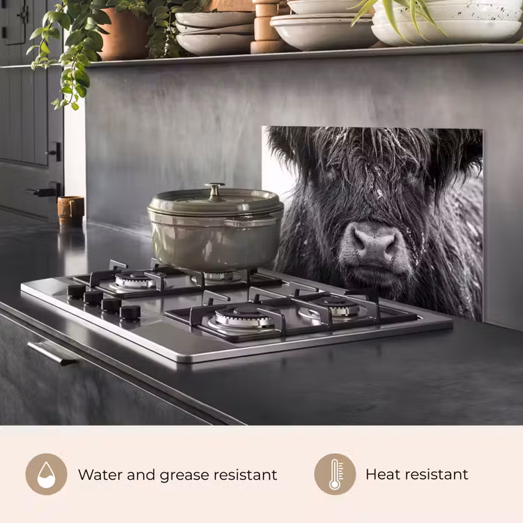 Kitchen splashback for hob - Scottish highlander - Black - White - Snowflakes — 2