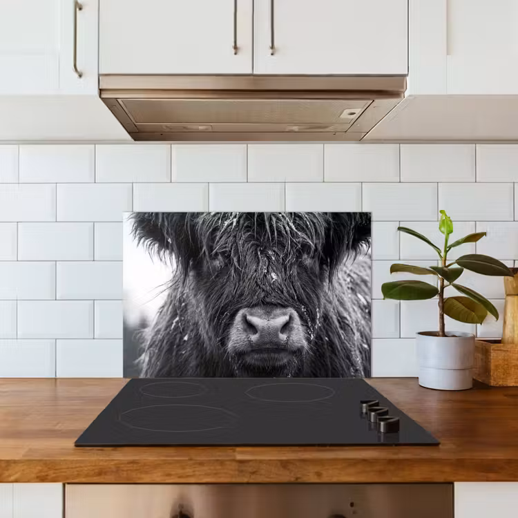 Kitchen splashback for hob - Scottish highlander - Black - White - Snowflakes — 3