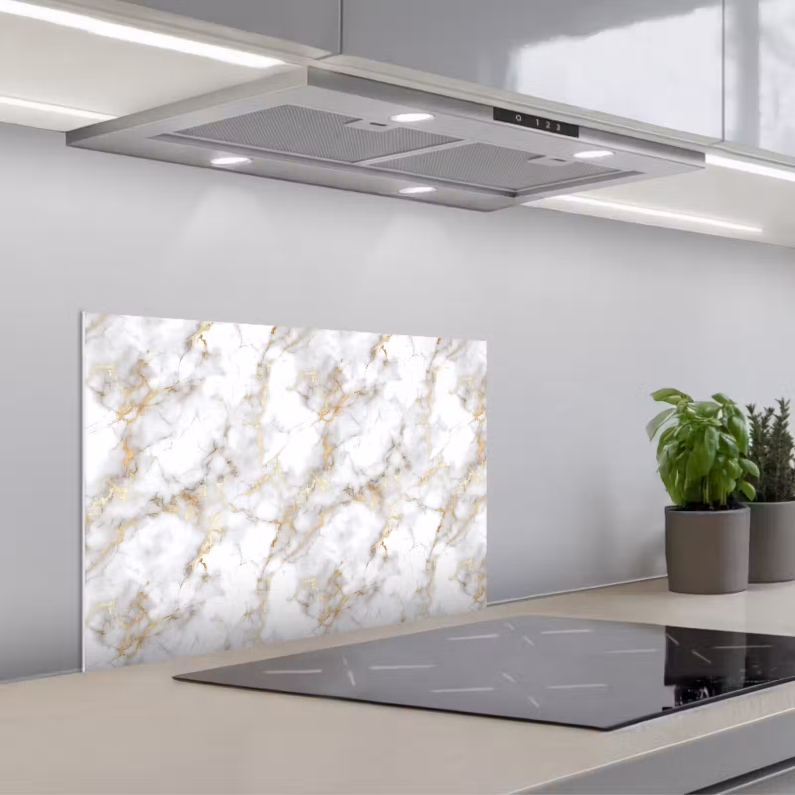 Kitchen splashback for hob - Golden veins - Marble - White — 1