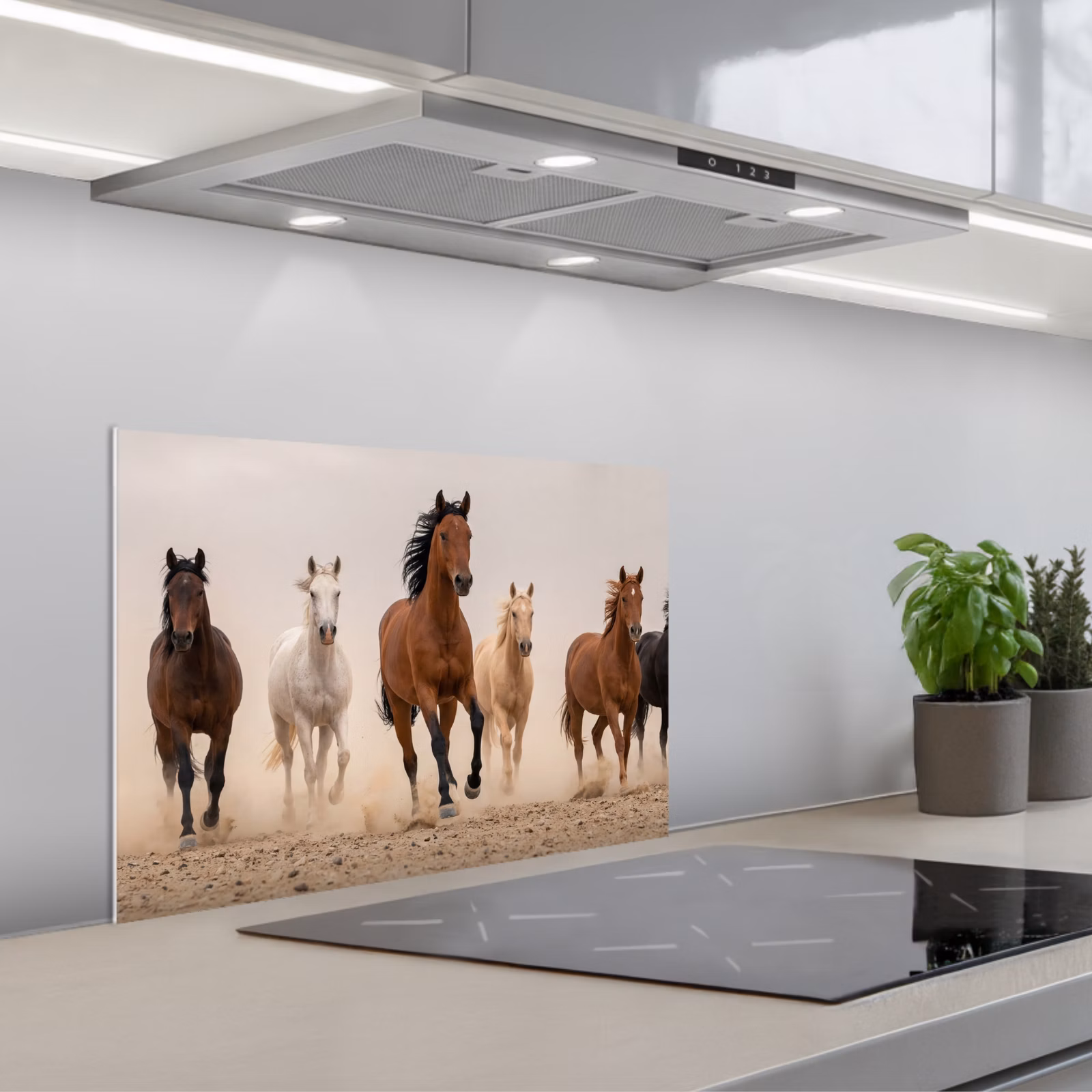 Kitchen splashback for hob - Herd of horses - Dust cloud - Brown - Black — 1