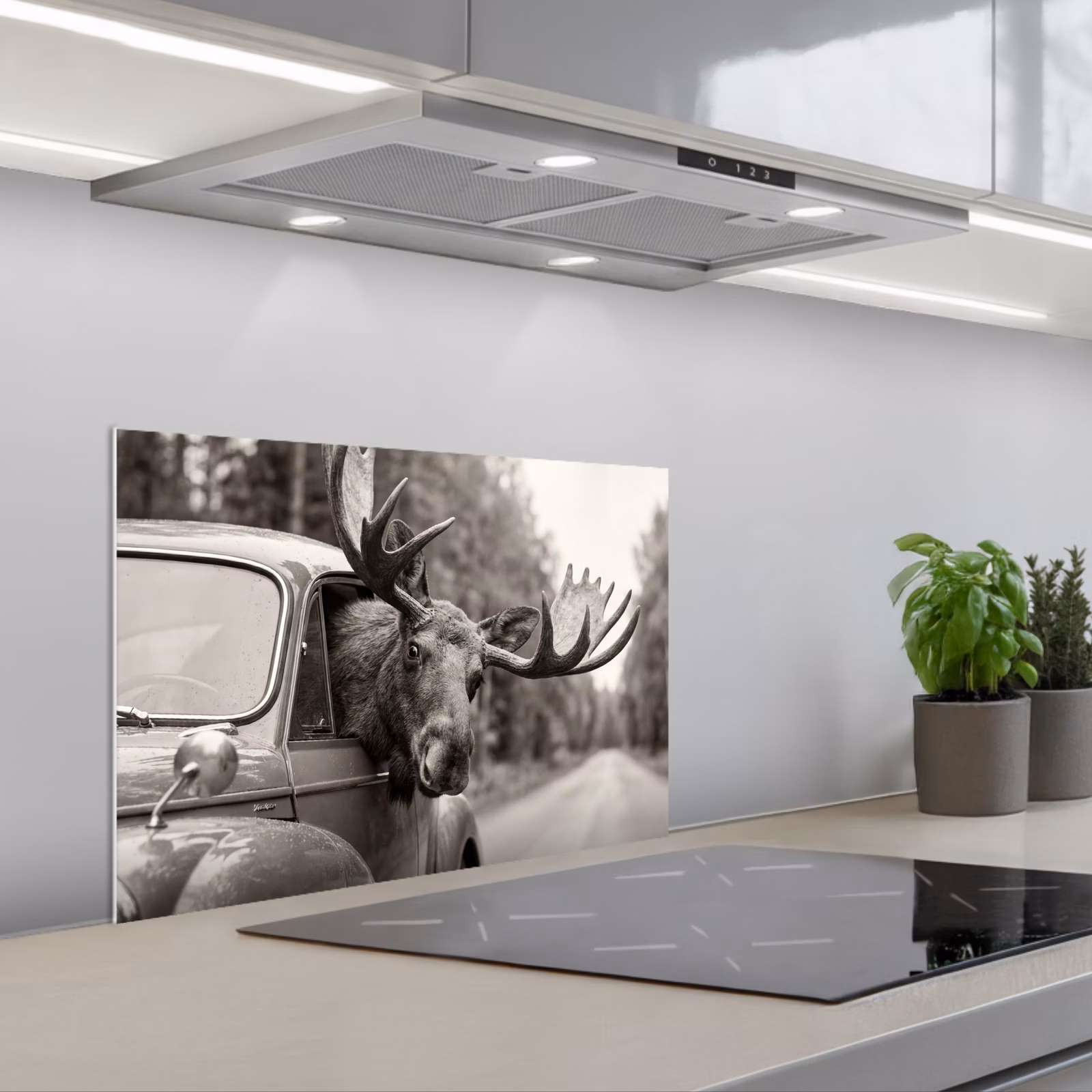Kitchen splashback for hob - Moose - Car - Antlers - Black - White — 1