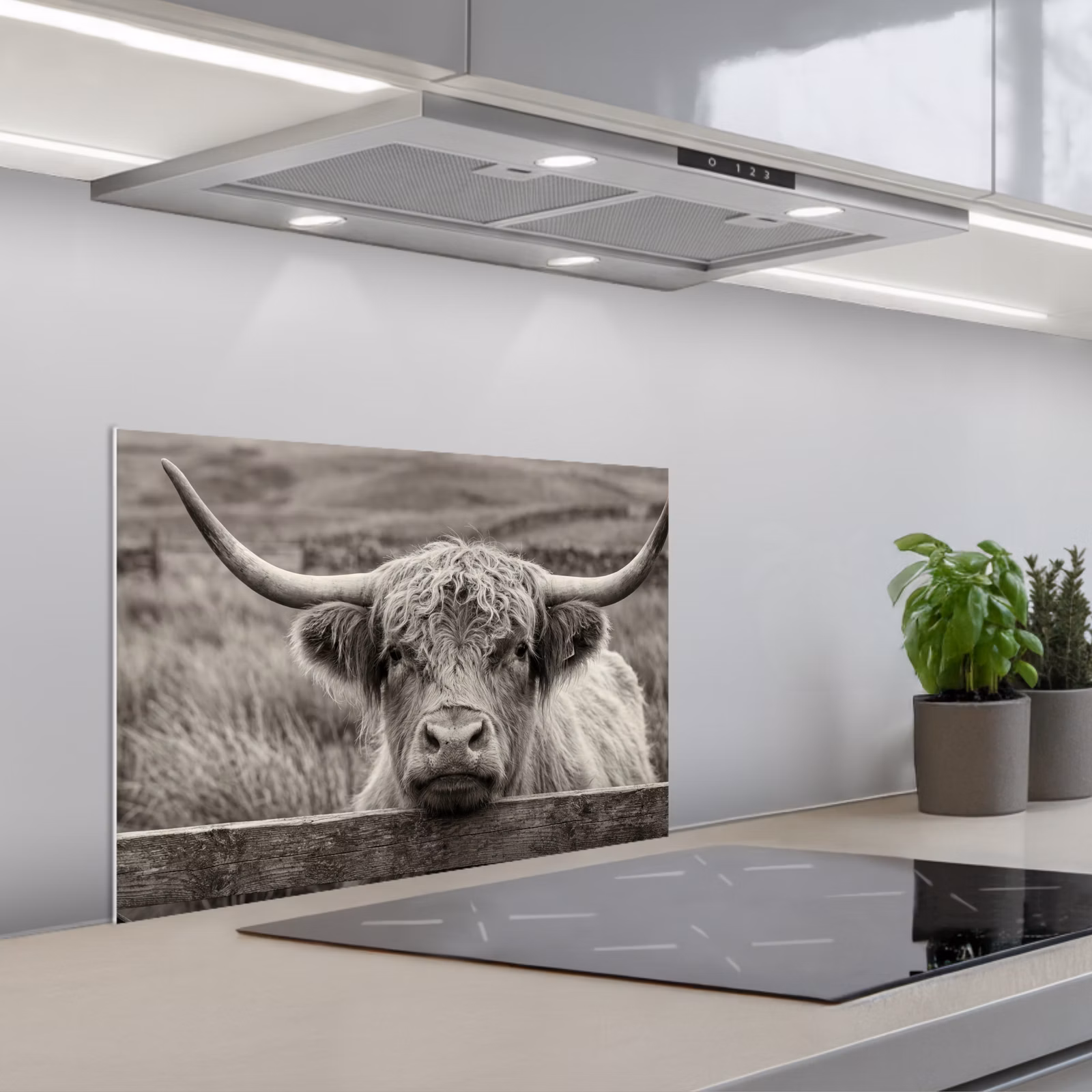 Kitchen splashback for hob - Scottish Highlander - Black - White - Wood — 1