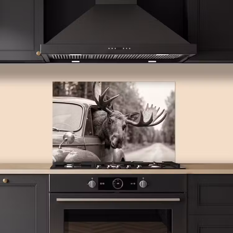 Kitchen splashback for hob - Moose - Car - Antlers - Black - White — 5