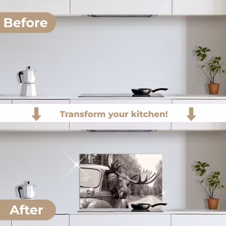 Kitchen splashback for hob - Moose - Car - Antlers - Black - White — 7