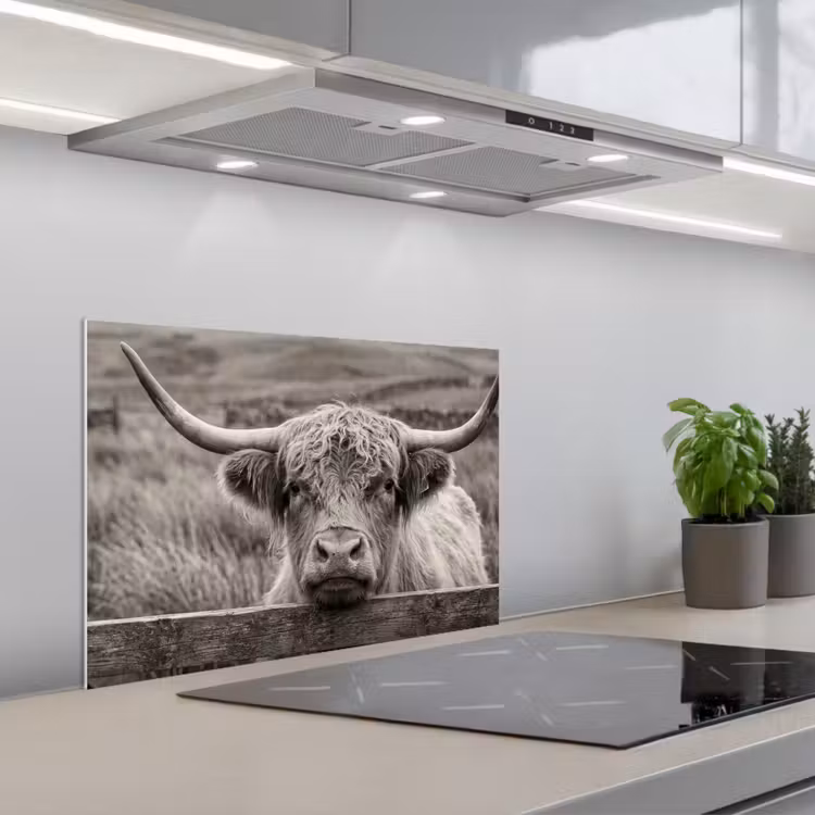 Kitchen splashback for hob - Scottish Highlander - Black - White - Wood — 1