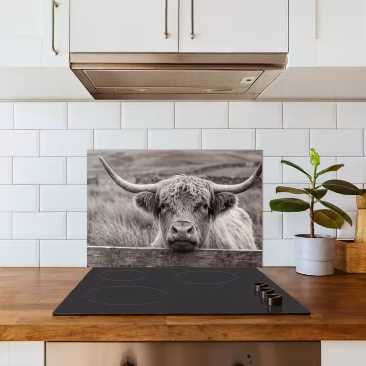 Kitchen splashback for hob - Scottish Highlander - Black - White - Wood — 3