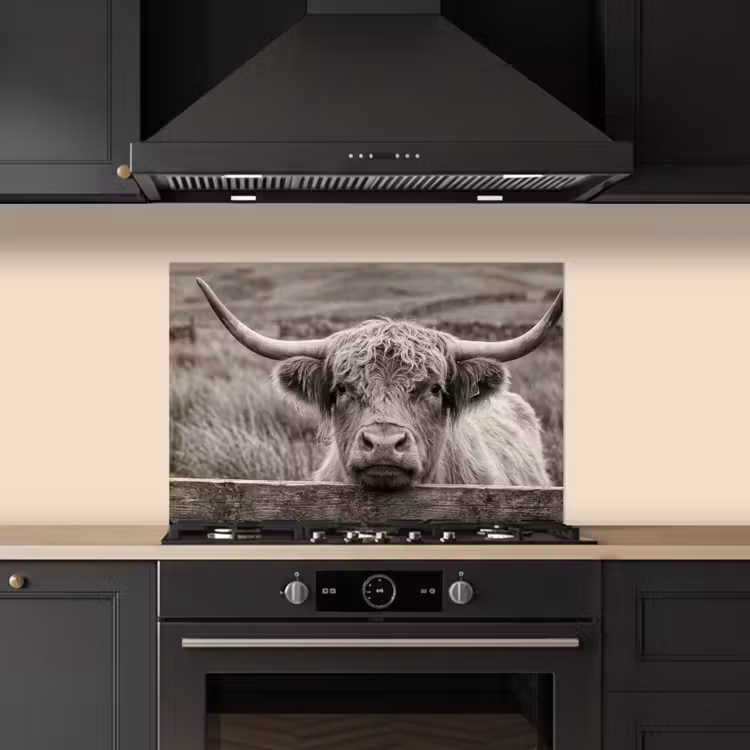 Kitchen splashback for hob - Scottish Highlander - Black - White - Wood — 5