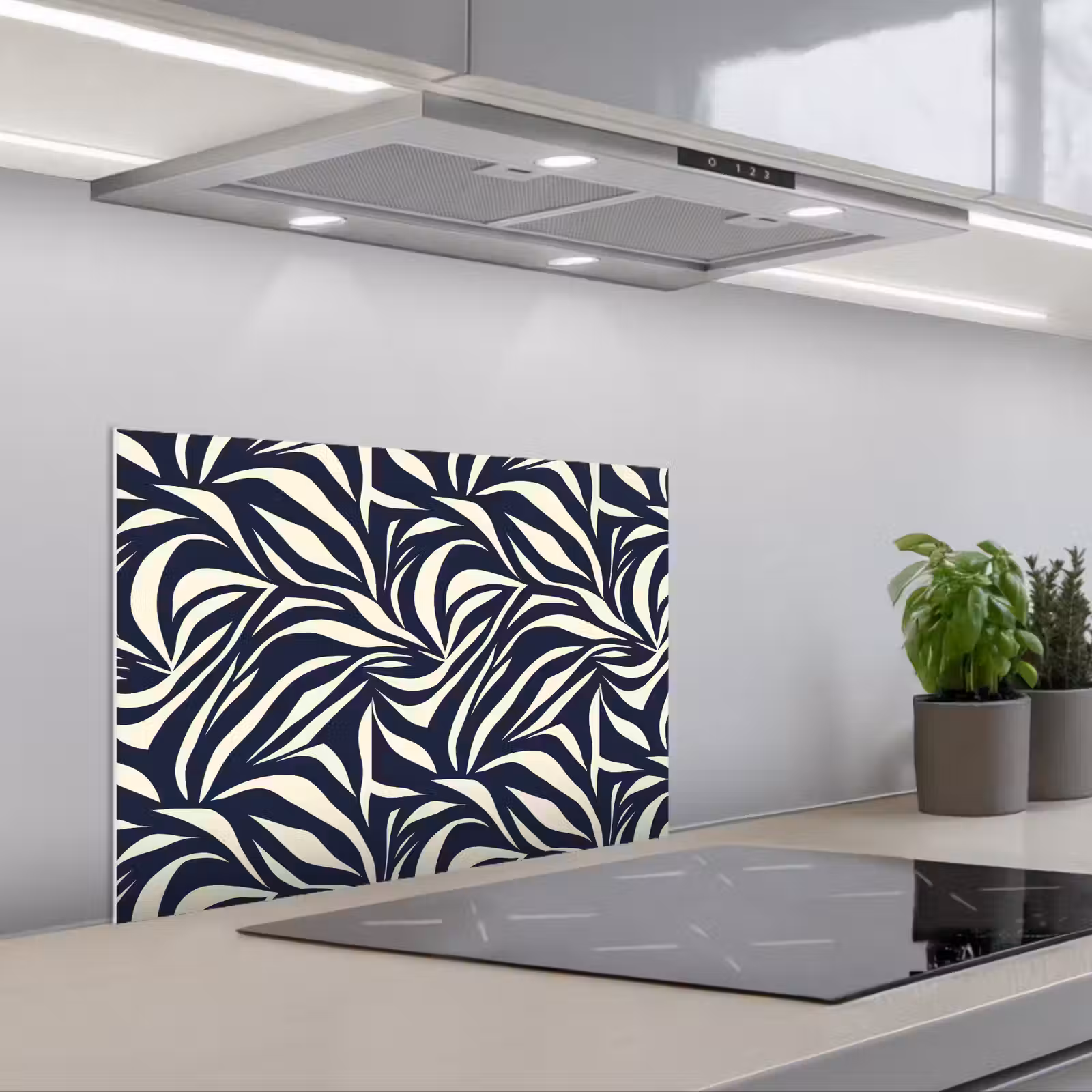 Kitchen splashback for hob - Leaf Shapes - Blue - Pattern - White — 1