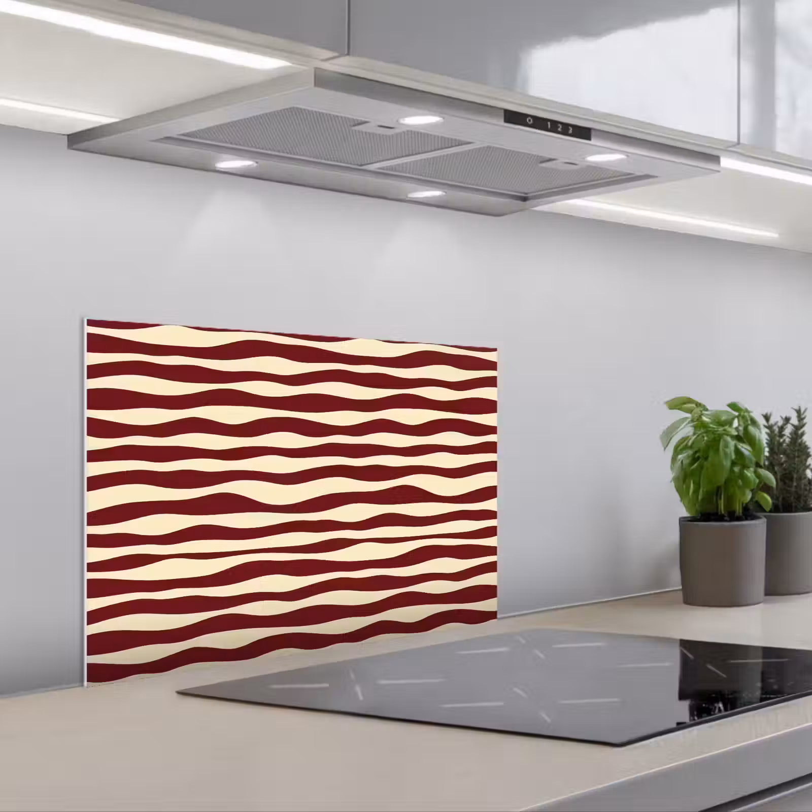 Kitchen splashback for hob - Waves - Red - Pattern - Cream — 1