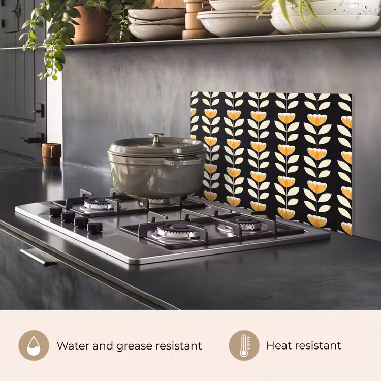 Kitchen splashback for hob - Retro - Flower - Black - Ochre yellow — 2