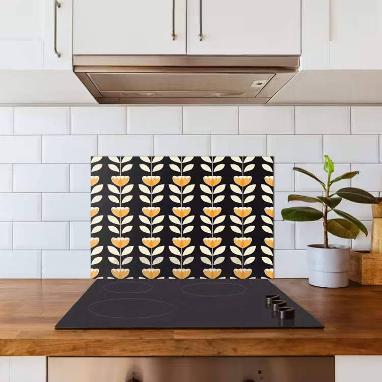 Kitchen splashback for hob - Retro - Flower - Black - Ochre yellow — 3