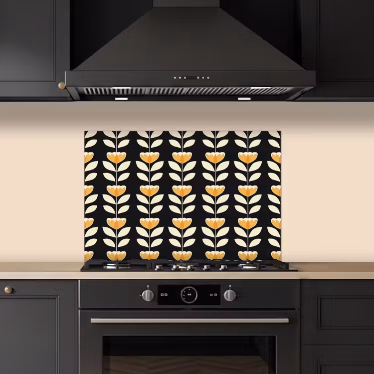 Kitchen splashback for hob - Retro - Flower - Black - Ochre yellow — 5