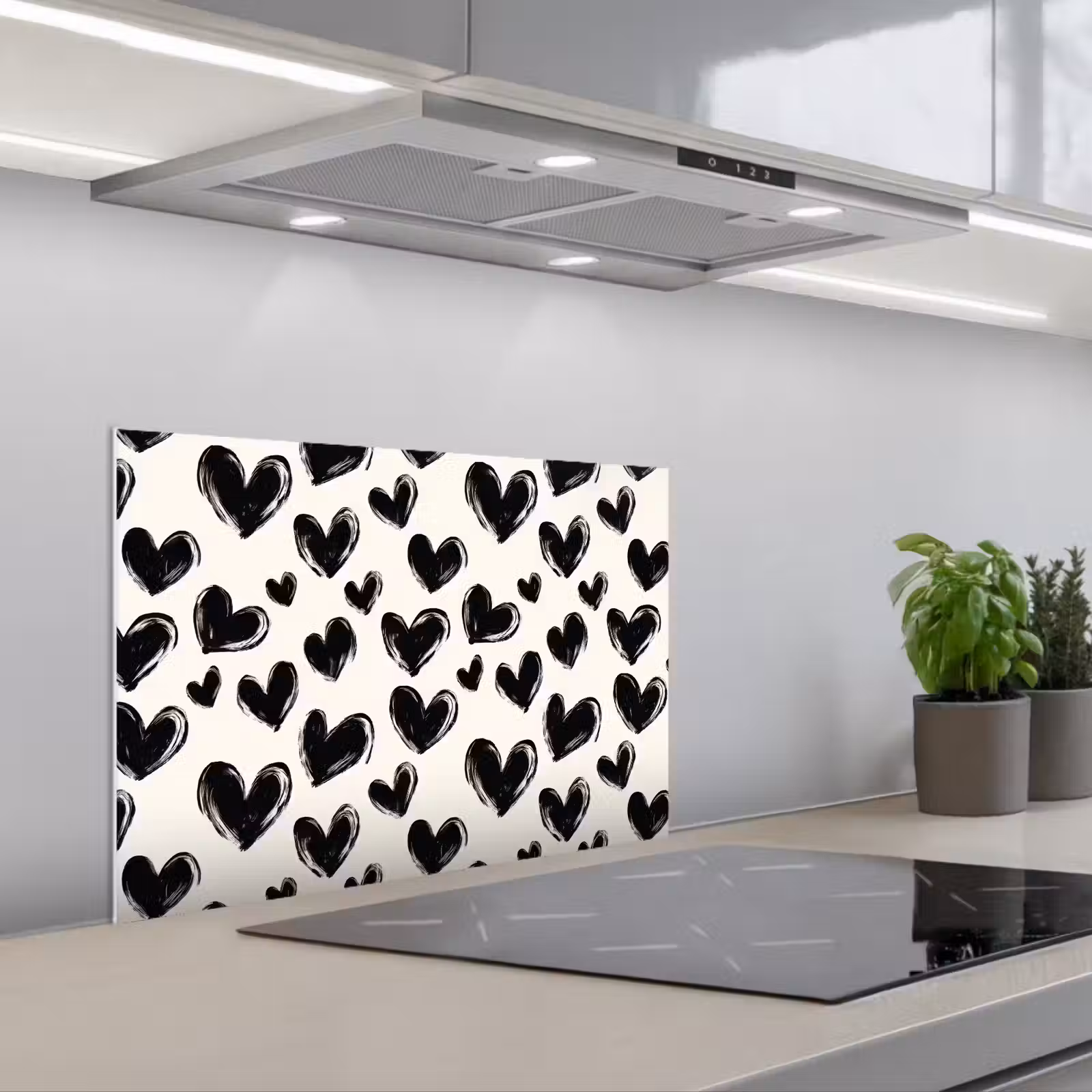 Kitchen splashback for hob - Hearts - Pattern - Black — 1