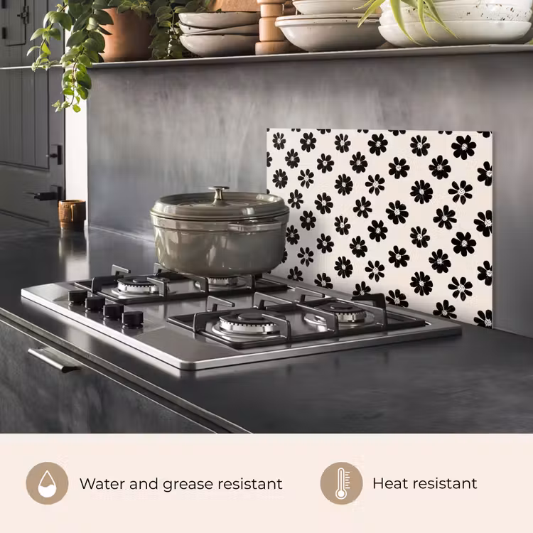 Kitchen splashback for hob - Graphic - Daisies - Black - Beige — 2