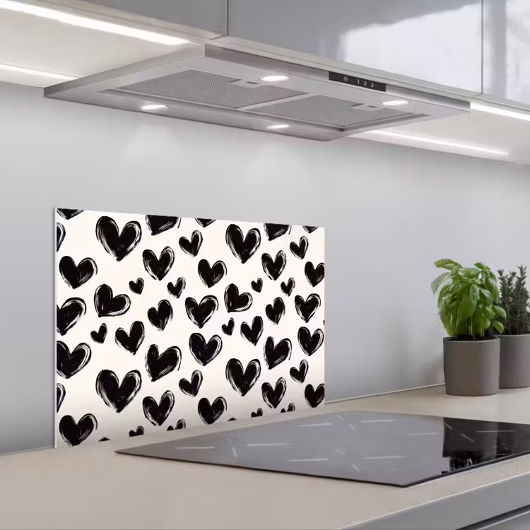 Kitchen splashback for hob - Hearts - Pattern - Black — 1