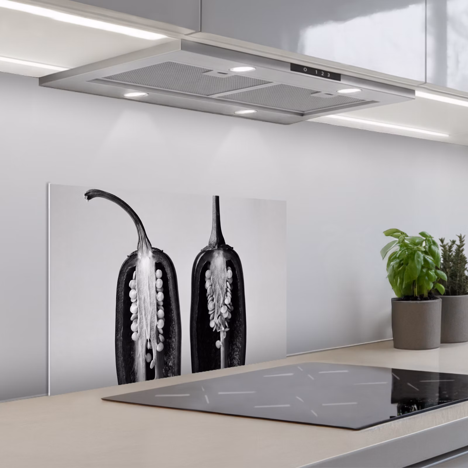 Kitchen splashback for hob - Peppers - Black - White - Seedlings — 1