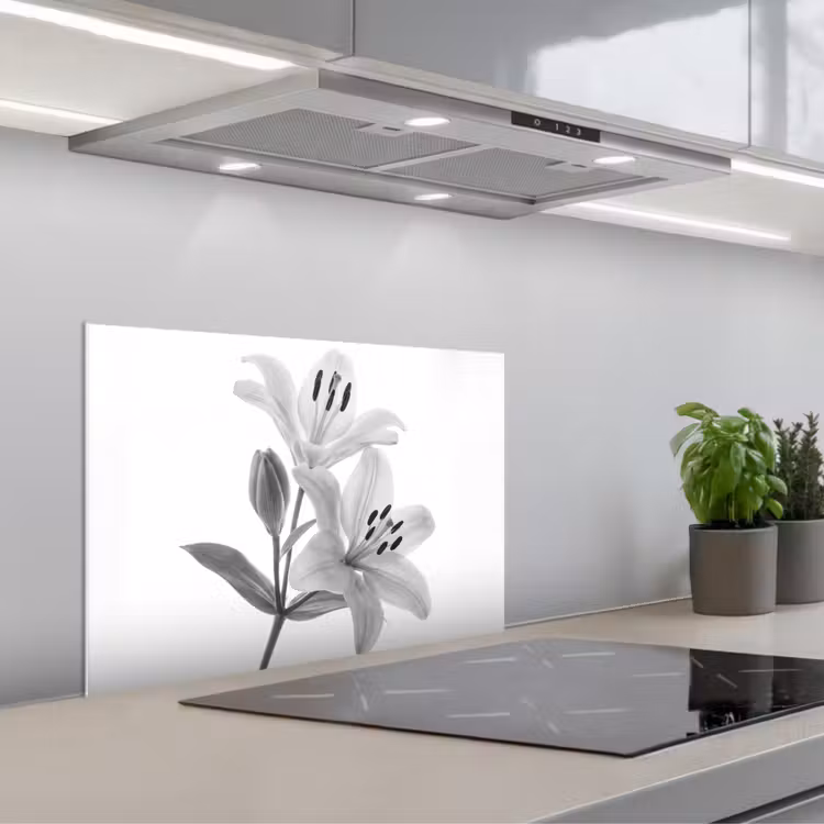 Kitchen splashback for hob - Lilies - Elegant - Black - White — 1