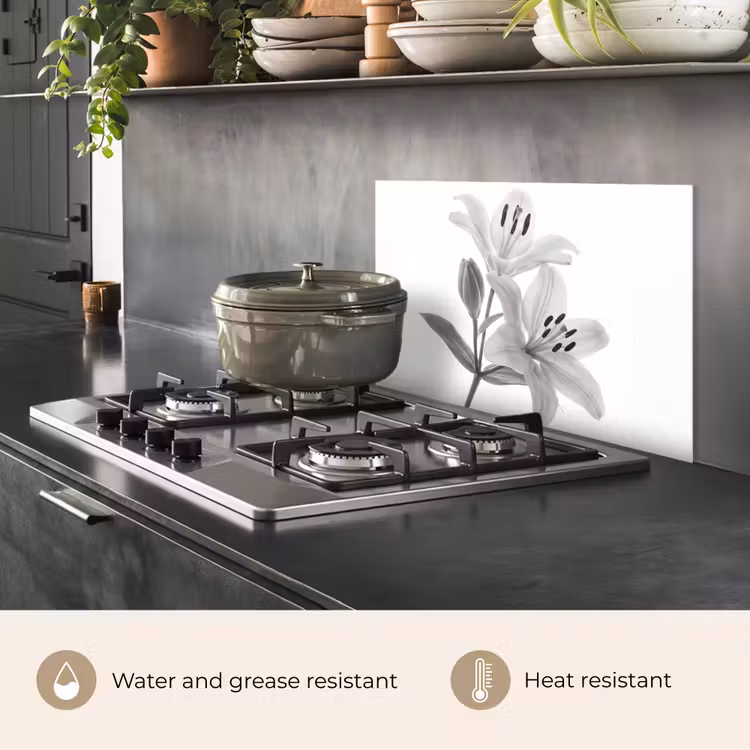Kitchen splashback for hob - Lilies - Elegant - Black - White — 2