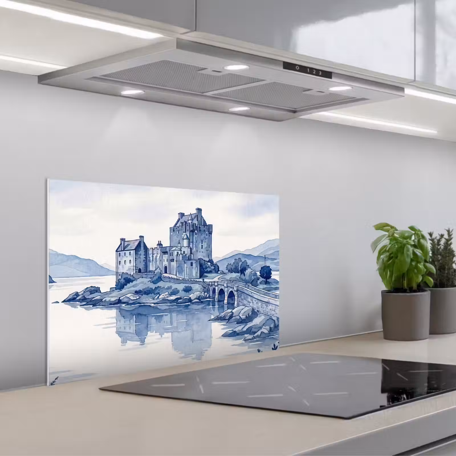Kitchen splashback for hob - Scottish - Castle - Blue - Watercolor — 1