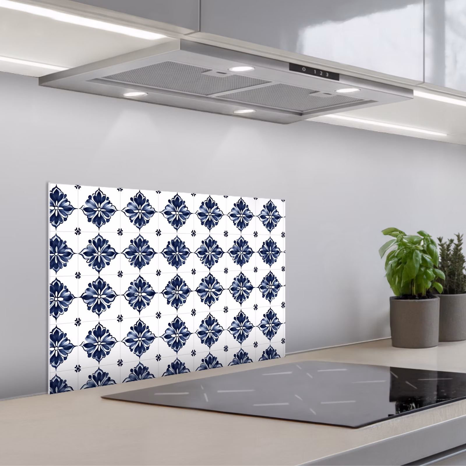 Kitchen splashback for hob - Tile motif - Blue - White - Flower — 1