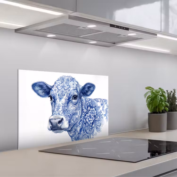 Kitchen splashback for hob - Illustration - Cow - Blue — 1