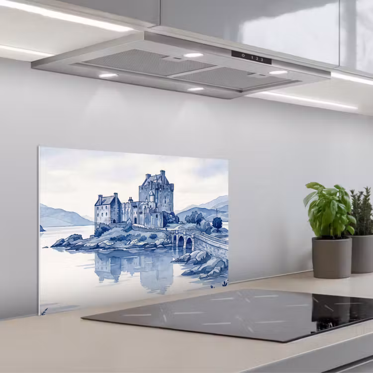 Kitchen splashback for hob - Scottish - Castle - Blue - Watercolor — 1