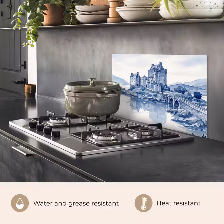 Kitchen splashback for hob - Scottish - Castle - Blue - Watercolor — 2