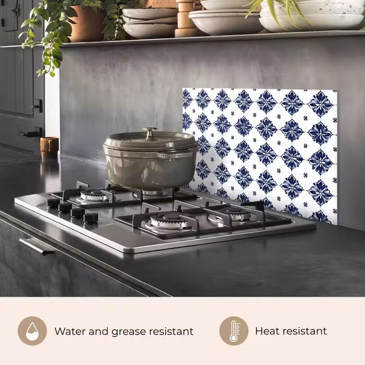Kitchen splashback for hob - Tile motif - Blue - White - Flower — 2