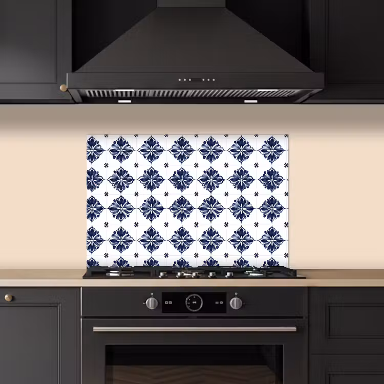 Kitchen splashback for hob - Tile motif - Blue - White - Flower — 5