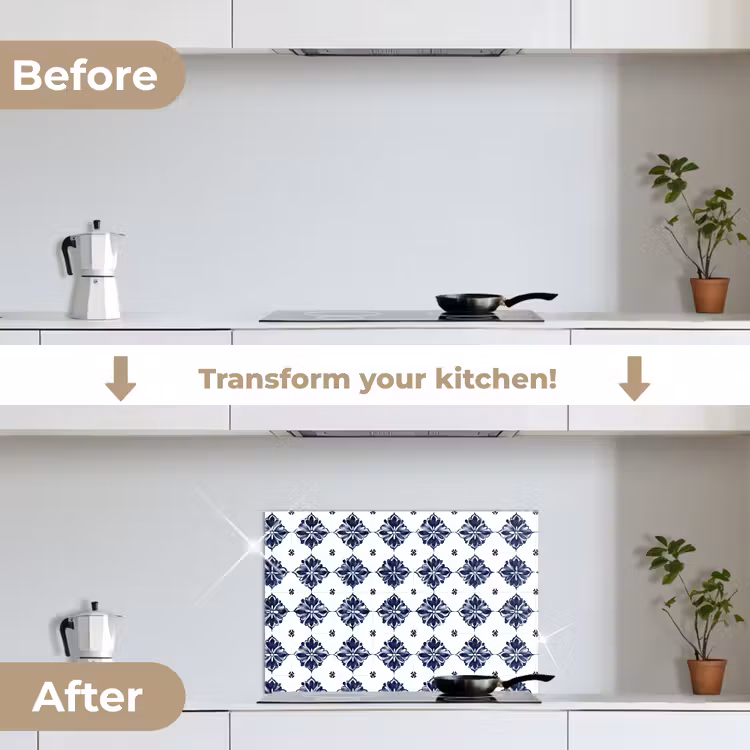 Kitchen splashback for hob - Tile motif - Blue - White - Flower — 7