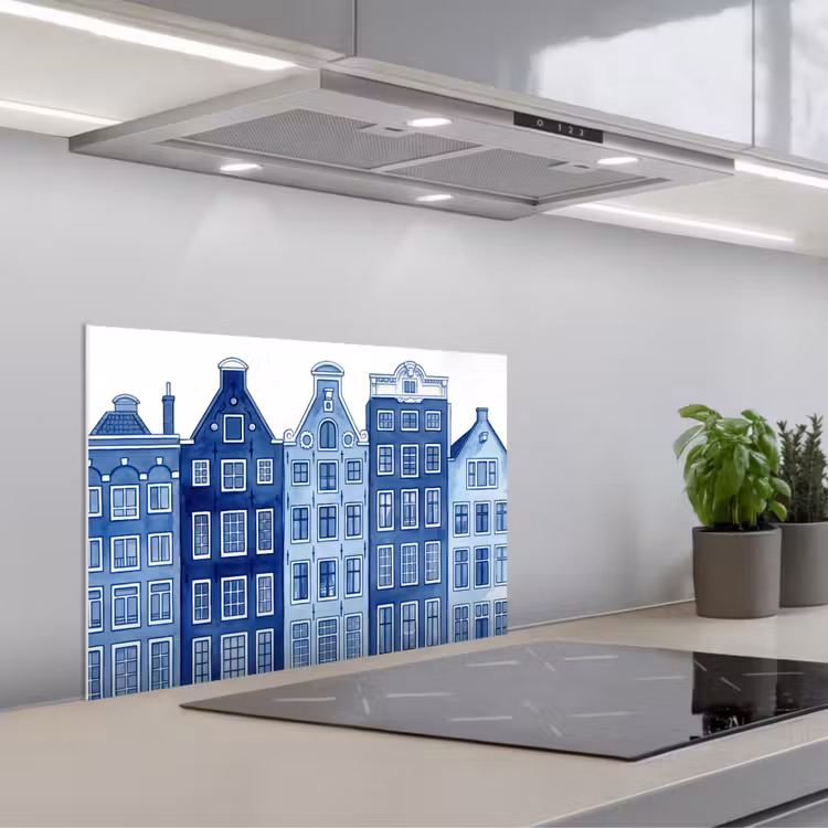 Kitchen splashback for hob - Watercolor - Canal houses - Delft - Blue — 1