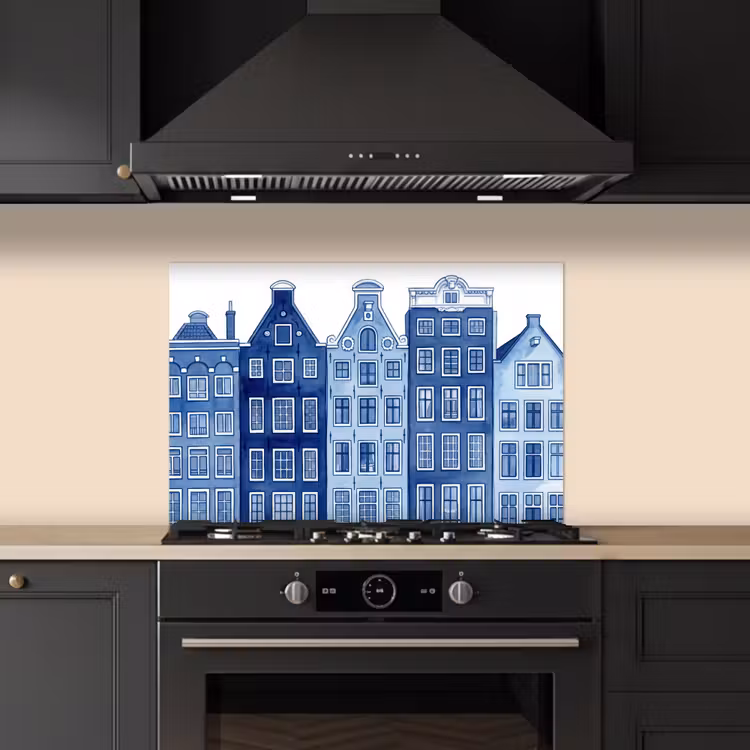 Kitchen splashback for hob - Watercolor - Canal houses - Delft - Blue — 5