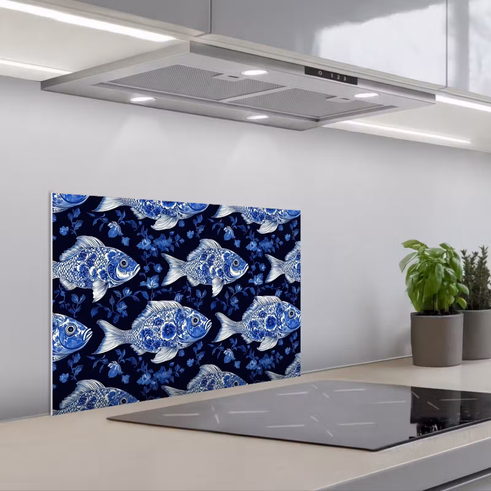 Kitchen splashback for hob - Pisces - Flowers - Blue — 1