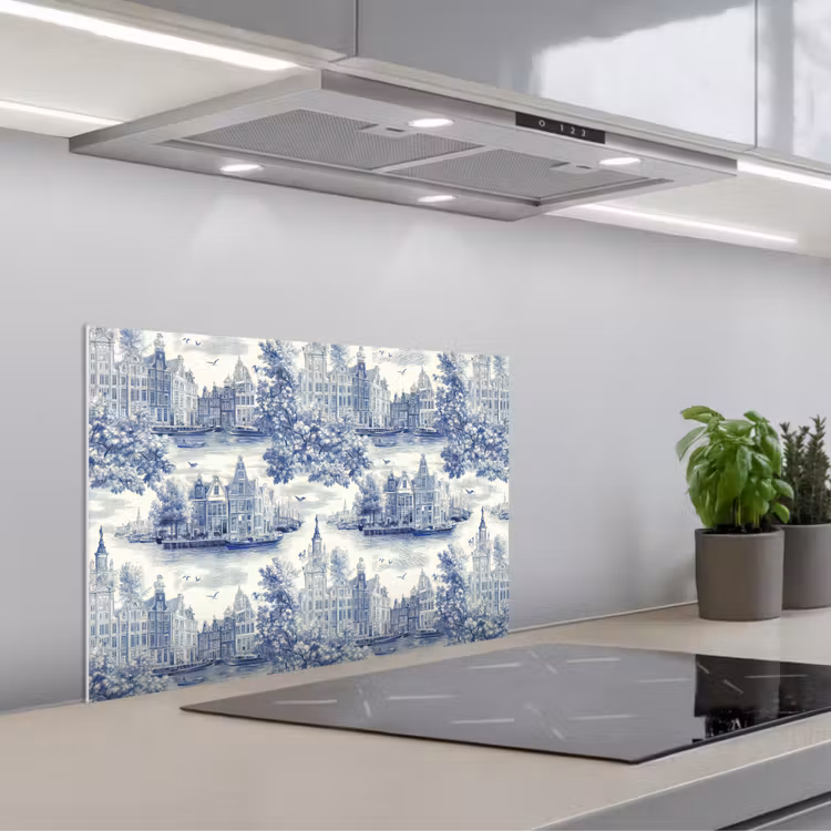 Kitchen splashback for hob - Houses - Trees - Water - Birds - Blue — 1