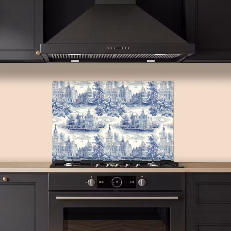 Kitchen splashback for hob - Houses - Trees - Water - Birds - Blue — 5